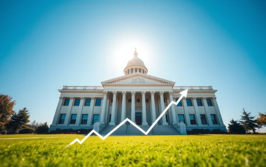Government building with digital blockchain overlay representing crypto regulation and market growth.