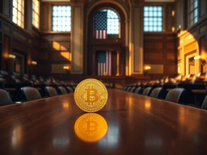 CLARITY Act progress drives a crypto rally as Bitcoin jumps to $81,000, shown by a glowing Bitcoin coin in a legislative chamber.