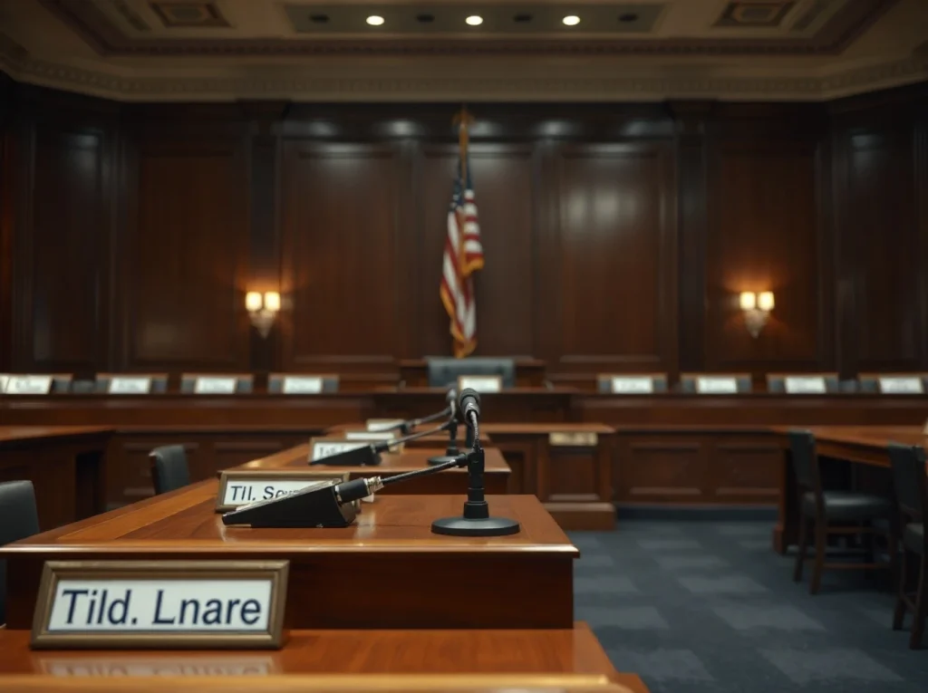 Empty Senate Banking Committee hearing room with microphones and American flag, awaiting vote on CLARITY Act.
