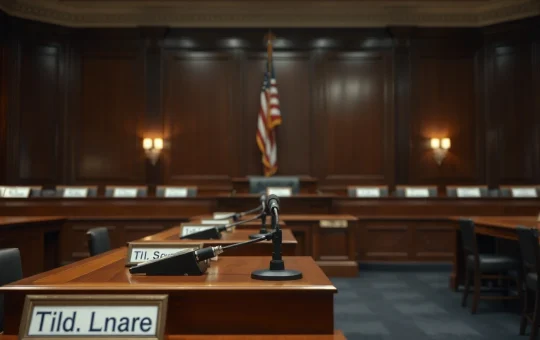 Empty Senate Banking Committee hearing room with microphones and American flag, awaiting vote on CLARITY Act.