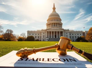 Clarity Act News: US Capitol building with stablecoin documents and gavel representing the confirmed May markup and legislative compromise.