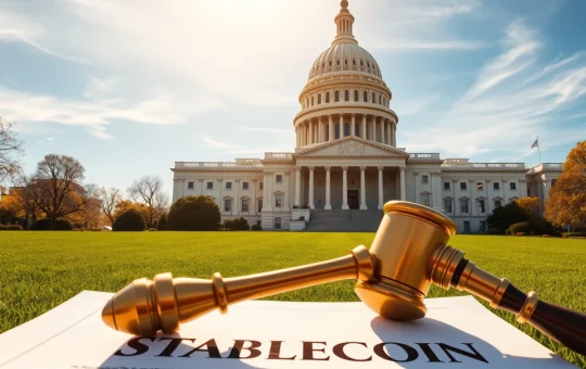 Clarity Act News: US Capitol building with stablecoin documents and gavel representing the confirmed May markup and legislative compromise.