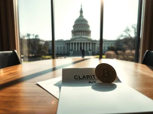 U.S. Capitol building with CLARITY Act document and digital coin on table, symbolizing stablecoin legislation progress.