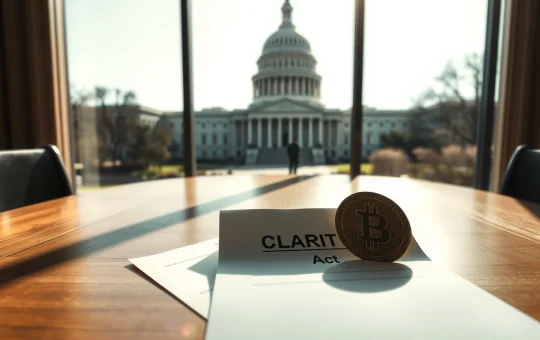 U.S. Capitol building with CLARITY Act document and digital coin on table, symbolizing stablecoin legislation progress.