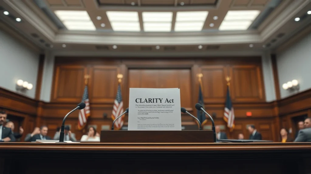 Document titled CLARITY Act on a desk in a congressional hearing room with flags and microphones in background