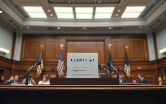 Document titled CLARITY Act on a desk in a congressional hearing room with flags and microphones in background