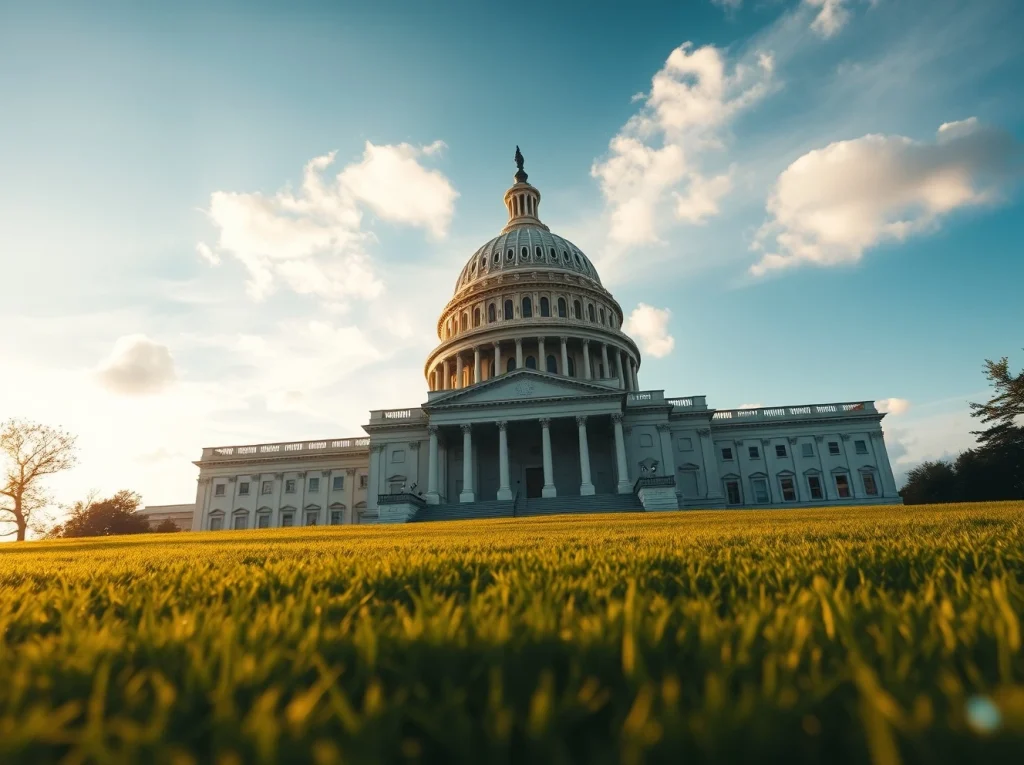 US Capitol building at golden hour with subtle digital blockchain elements in foreground representing crypto regulation
