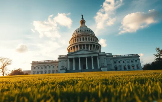 US Capitol building at golden hour with subtle digital blockchain elements in foreground representing crypto regulation