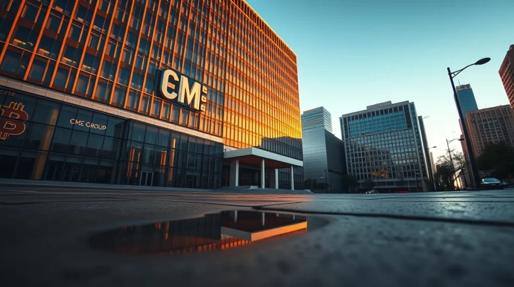 CME Group headquarters building in Chicago at sunset with a subtle Bitcoin reflection in a puddle on the pavement