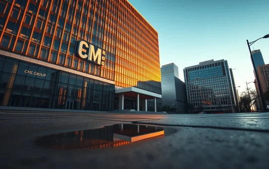 CME Group headquarters building in Chicago at sunset with a subtle Bitcoin reflection in a puddle on the pavement