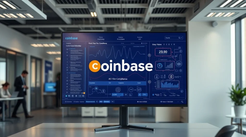 Digital display showing Coinbase interface with AI data processing visuals in a corporate office setting.