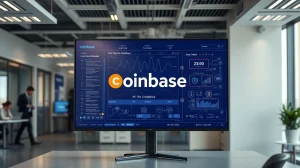 Digital display showing Coinbase interface with AI data processing visuals in a corporate office setting.