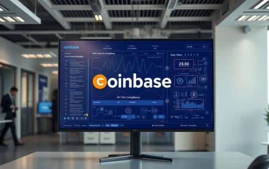 Digital display showing Coinbase interface with AI data processing visuals in a corporate office setting.