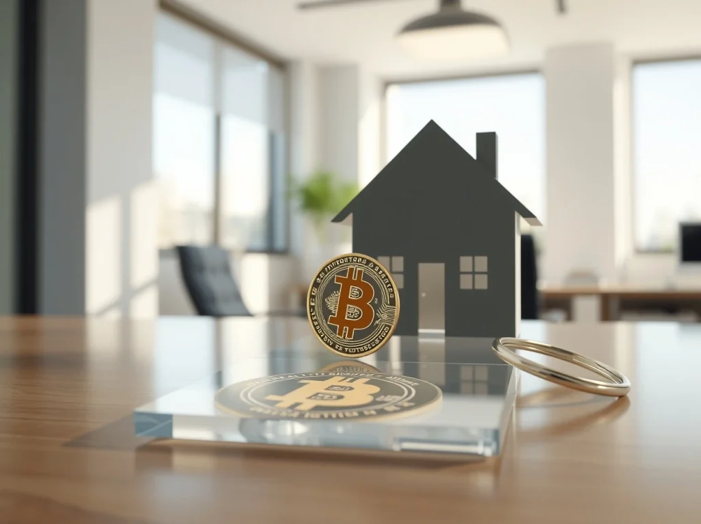 Bitcoin collateral mortgage concept showing house key with digital cryptocurrency integration.