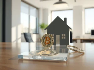 Bitcoin collateral mortgage concept showing house key with digital cryptocurrency integration.