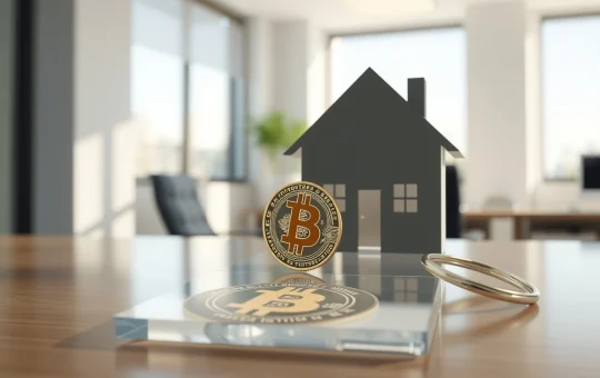 Bitcoin collateral mortgage concept showing house key with digital cryptocurrency integration.