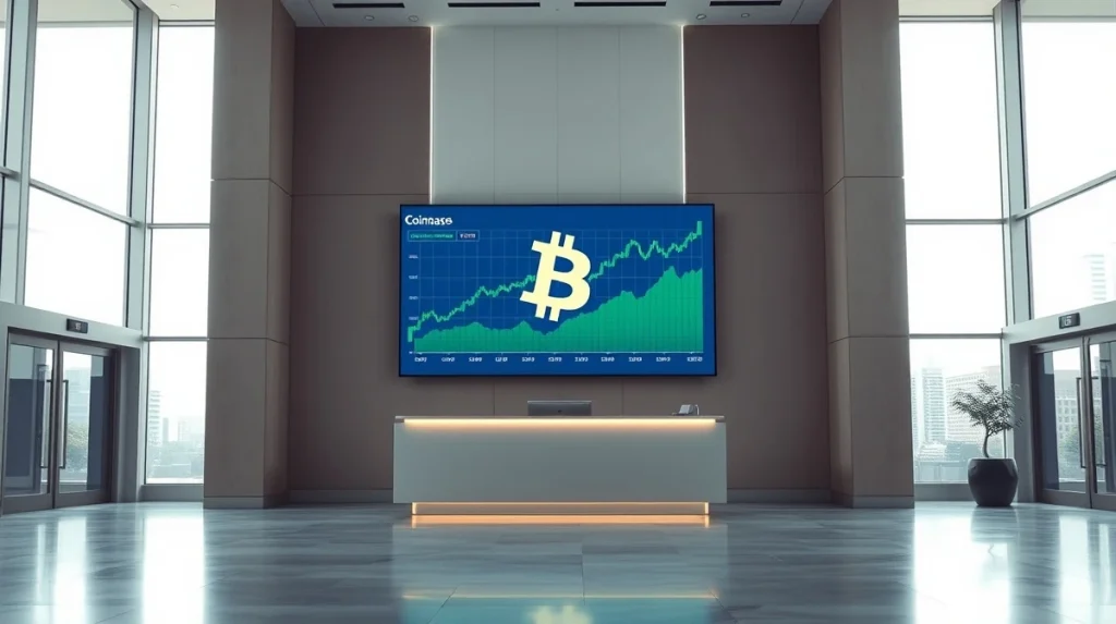 Modern corporate lobby with digital display showing Bitcoin price chart, representing Coinbase's expanded Bitcoin holdings