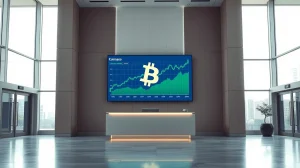 Modern corporate lobby with digital display showing Bitcoin price chart, representing Coinbase's expanded Bitcoin holdings