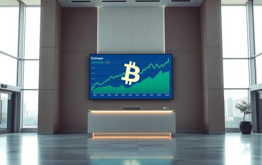 Modern corporate lobby with digital display showing Bitcoin price chart, representing Coinbase's expanded Bitcoin holdings