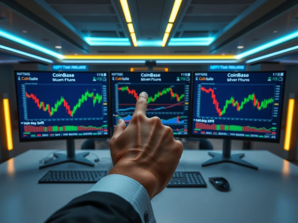 Trading desk monitors showing Coinbase gold and silver perpetual futures charts