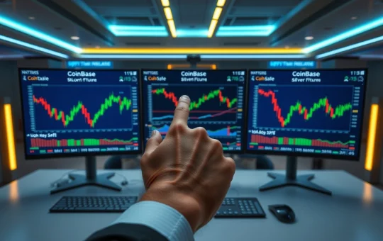 Trading desk monitors showing Coinbase gold and silver perpetual futures charts