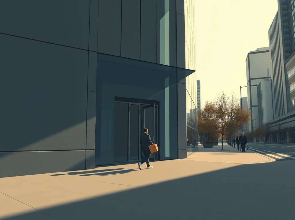 Coinbase job cuts: A person walks away from a corporate office building carrying a cardboard box, symbolizing layoffs and workforce reduction.