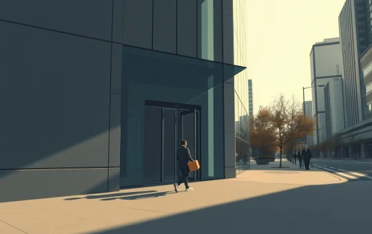 Coinbase job cuts: A person walks away from a corporate office building carrying a cardboard box, symbolizing layoffs and workforce reduction.