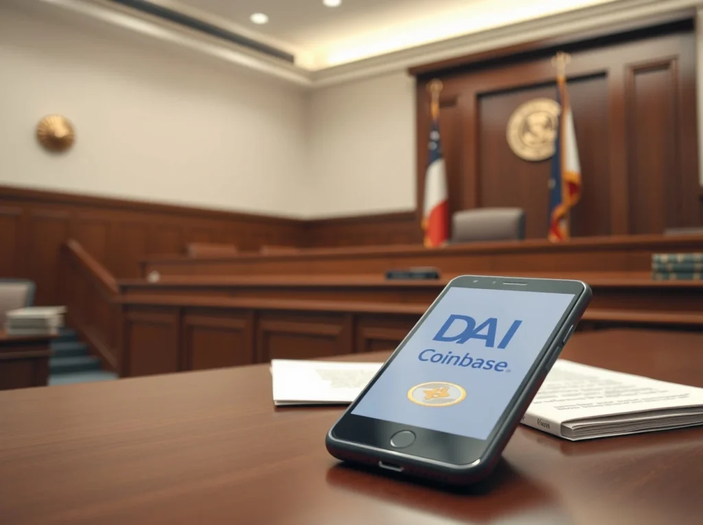 Courtroom setting with a smartphone displaying Coinbase and DAI symbols on a table, representing a legal dispute over frozen stablecoin funds.