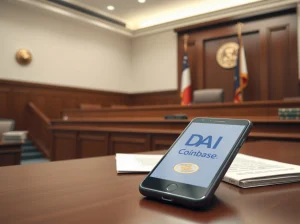 Courtroom setting with a smartphone displaying Coinbase and DAI symbols on a table, representing a legal dispute over frozen stablecoin funds.