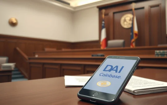 Courtroom setting with a smartphone displaying Coinbase and DAI symbols on a table, representing a legal dispute over frozen stablecoin funds.