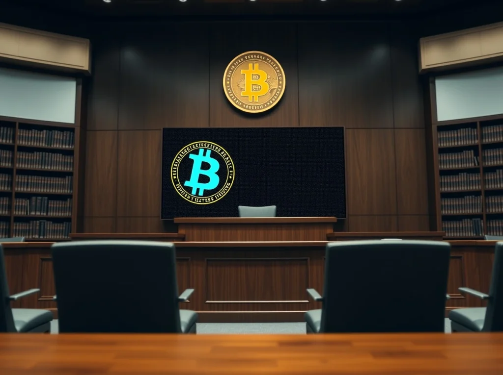 Courtroom scene with digital display showing frozen cryptocurrency symbol related to Coinbase lawsuit