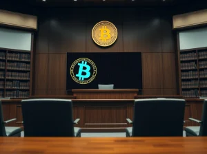 Courtroom scene with digital display showing frozen cryptocurrency symbol related to Coinbase lawsuit