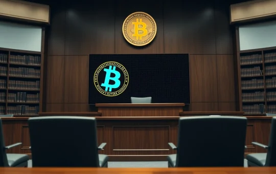 Courtroom scene with digital display showing frozen cryptocurrency symbol related to Coinbase lawsuit