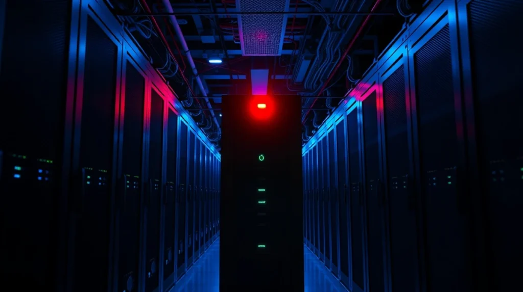 Data center server rack with a red warning light indicating a critical infrastructure failure during a Coinbase outage.