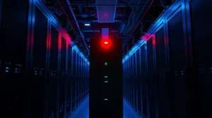 Data center server rack with a red warning light indicating a critical infrastructure failure during a Coinbase outage.