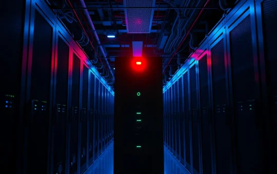 Data center server rack with a red warning light indicating a critical infrastructure failure during a Coinbase outage.