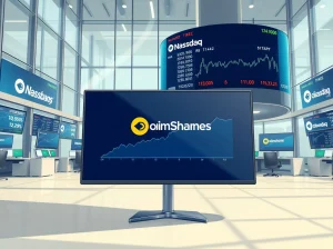CoinShares Nasdaq debut on trading floor monitors showing financial data.