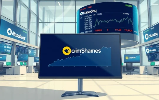 CoinShares Nasdaq debut on trading floor monitors showing financial data.