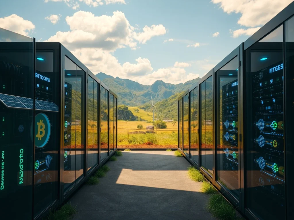Clean energy powered Bitcoin mining facility in Colombia with solar panels and wind turbines