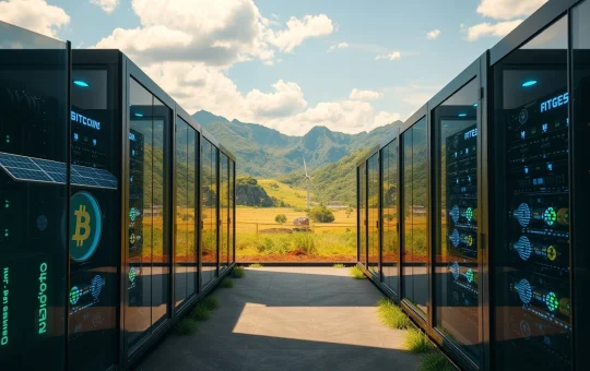 Clean energy powered Bitcoin mining facility in Colombia with solar panels and wind turbines
