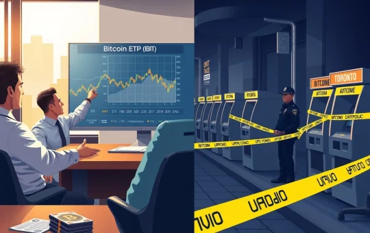 Colombia pension fund crypto adoption with Bitcoin ETF IBIT contrasted against Canada crypto ATM ban regulatory crackdown