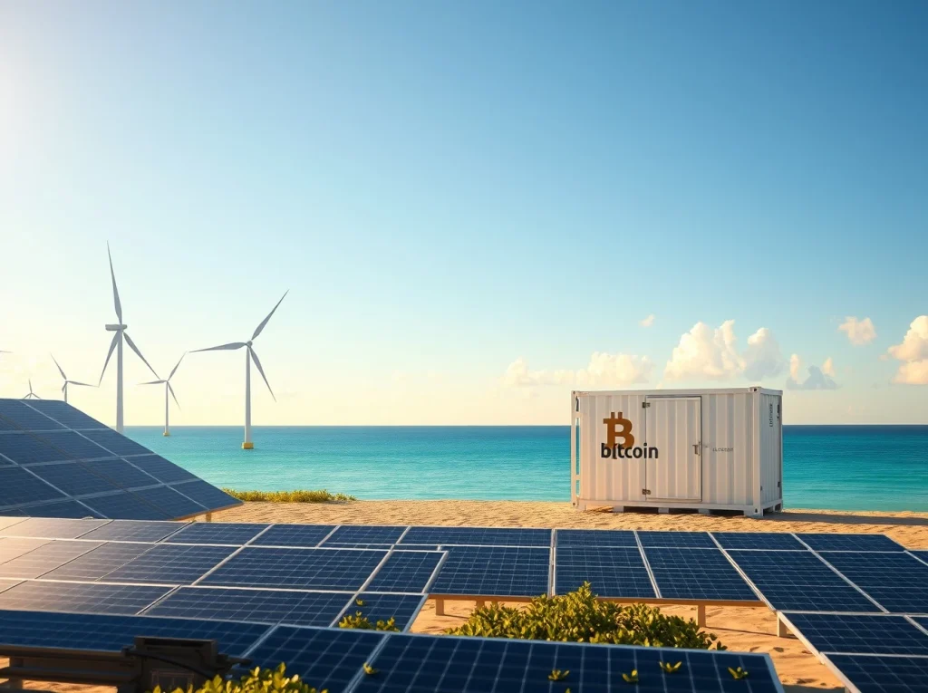 Caribbean coastline near Barranquilla with solar panels and wind turbines alongside a Bitcoin mining container