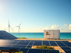Caribbean coastline near Barranquilla with solar panels and wind turbines alongside a Bitcoin mining container