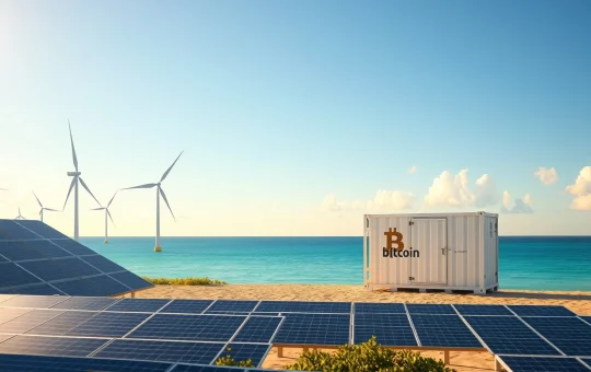 Caribbean coastline near Barranquilla with solar panels and wind turbines alongside a Bitcoin mining container