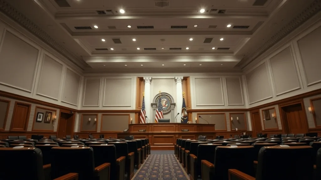 Empty U.S. House committee hearing room with dais and American flag.