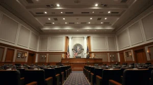 Empty U.S. House committee hearing room with dais and American flag.