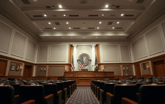 Empty U.S. House committee hearing room with dais and American flag.