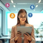 Business professional using a tablet displaying a stablecoin wallet interface in a modern office setting
