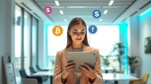 Business professional using a tablet displaying a stablecoin wallet interface in a modern office setting