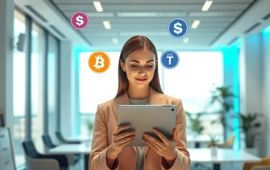Business professional using a tablet displaying a stablecoin wallet interface in a modern office setting
